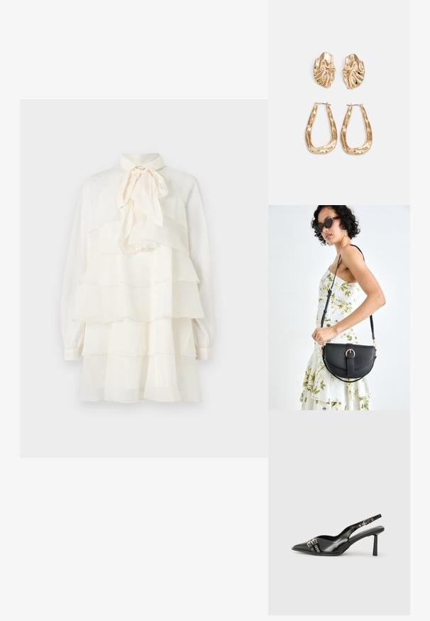 Bílá šatová šaty s mašlí kolem krku, vrstvenými volány, dlouhými rukávy a knoflíkovými manžetami; lehký materiál s hladkou strukturou.; Černá lakovaná slingback obuv s špičatou špičkou, kotníkovými pásky s kovovými sponami a příslušenstvím, a štíhlým podpatkem.; Černá kožená kabelka s křivkovým tvarem, odnímatelným popruhem a zlatými detaily. Kabelka má klopu s přezkou.; Náušnice ve zlatém tónu s texturovanými, vlnitými tvary. Obsahují sochařské klipy a design otevřeného kruhu s kladivkovým povrchem.
