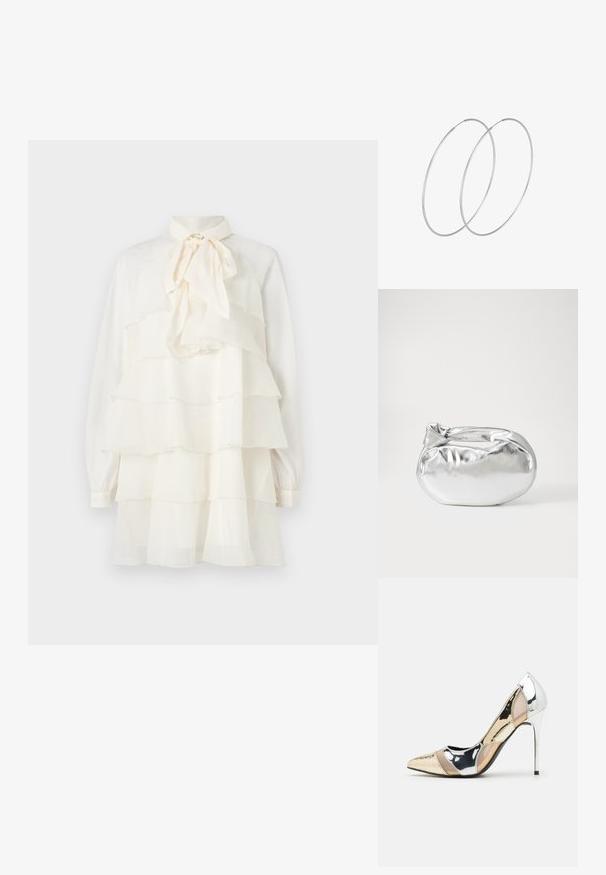 White tiered dress with a bow tie neck, layered ruffles, long sleeves, and a buttoned cuff; lightweight fabric with a smooth texture.; Pointed-toe high heel shoe with a silver, gold, and nude color scheme. Glossy finish with cutout design, featuring a stiletto heel.; Silver metallic pouch bag with a soft, rounded shape and a knotted top closure. Made from smooth faux leather material.; Silver hoop earrings with a minimalist design. Circular shape, smooth texture, and thin profile. Lightweight with a polished finish.
