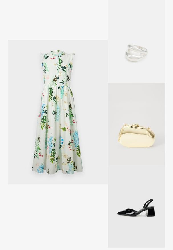 Gėlių midi suknelė su trumpomis volanėlėmis, žaliai mėlyna raštuota medžiaga, užsegama priekyje knopkėmis, su prigludusia juosmens dalimi ir laisvai krentančia sijona.; Juodos lakuotos odinės šlepetės su smailiu pirštu ir geometriniu bloko kulnu. Turi elegantišką, minimalistinį dizainą ir lygų paviršių.; Metalinis auksinis rankinukas su glotnia, suapvalinta forma, turintis viršutinį mygtuko užsegimą ir mažą grandinėlės dirželį nešiojimui.; Sidabrinis dvigubas žiedas su lygiu, poliruotu paviršiumi. Pasižymi sklandžiu, kreiptu dizainu su persipinančiomis dalimis, suteikiančiomis modernų išvaizdą.