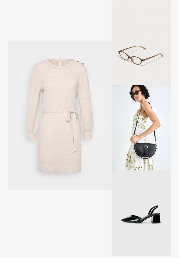 Rochie tricotată bej, cu mâneci lungi, decolteu rotund și detalii cu nasturi pe lateral. Include un cordon pentru ajustare. Textură moale.; Pantofi cu toc slingback din piele lacuită neagră, cu vârf ascuțit și toc geometric. Prezintă un design elegant, minimalist și o textură netedă.; Ochelari în nuanță de țestoasă maro, cu lentile ovale, brațe subțiri și accente transparente. Prezintă un logo subtil pe tâmplă. Design elegant și ușor.; Geantă din piele neagră, cu o formă curbată, curea detașabilă și accesorii aurii. Geanta are un capac cu un detaliu tip cataramă.
