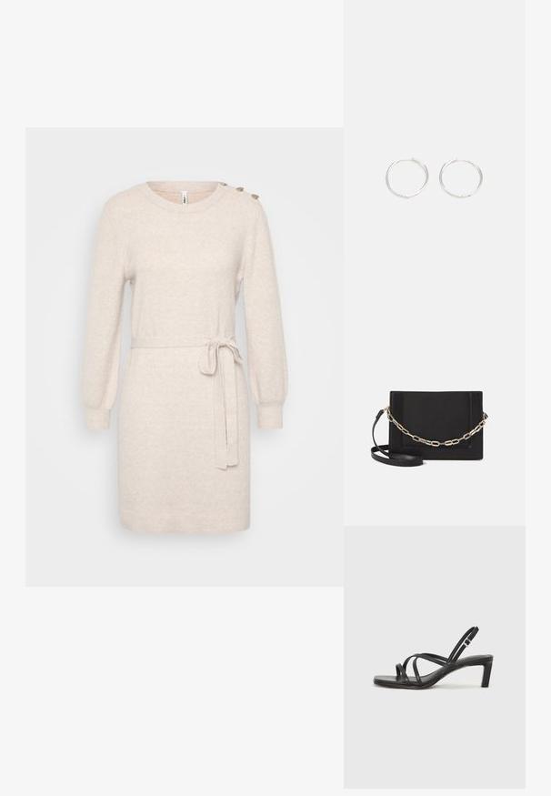 Adīta bēša kleita ar garām piedurknēm, apaļu kakla izgriezumu un sānu pogu detaļām. Iekļauts jostas saites pielāgošanai. Mīksta tekstūra.; Melnas strappy sandales ar kvadrātveida purngaliem un zemu bloku papēdi. Ievērojamas ar vairākiem plāniem siksniņām un regulējamu potītes siksniņu. Izgatavotas no gludas ādas.; Melna ādas crossbody soma ar gludu faktūru, taisnstūrveida formu un metalizētu ķēdes detaļu priekšā. Iekļauta regulējama siksna.; Sudraba riņķa auskari ar elegantu, apaļu dizainu, kas izceļas ar gludu virsmu un bez redzamām rotājumām. Diametrs netiek norādīts.