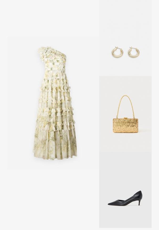 One-shoulder dress featuring layered ruffles, floral print in pastel hues, with sheer fabric and a fitted bodice. Length reaches the floor.; Black leather pump with a pointed toe and low heel. Features a smooth texture and subtle sheen. Open cut at the front for added detail.; Gold sequin clutch with a rectangular shape, featuring a twisted chain handle and a metal clasp closure, reflecting light with a textured finish.; Lauren Ralph Lauren BASIC SMALL HOOP - Earrings - gold-coloured