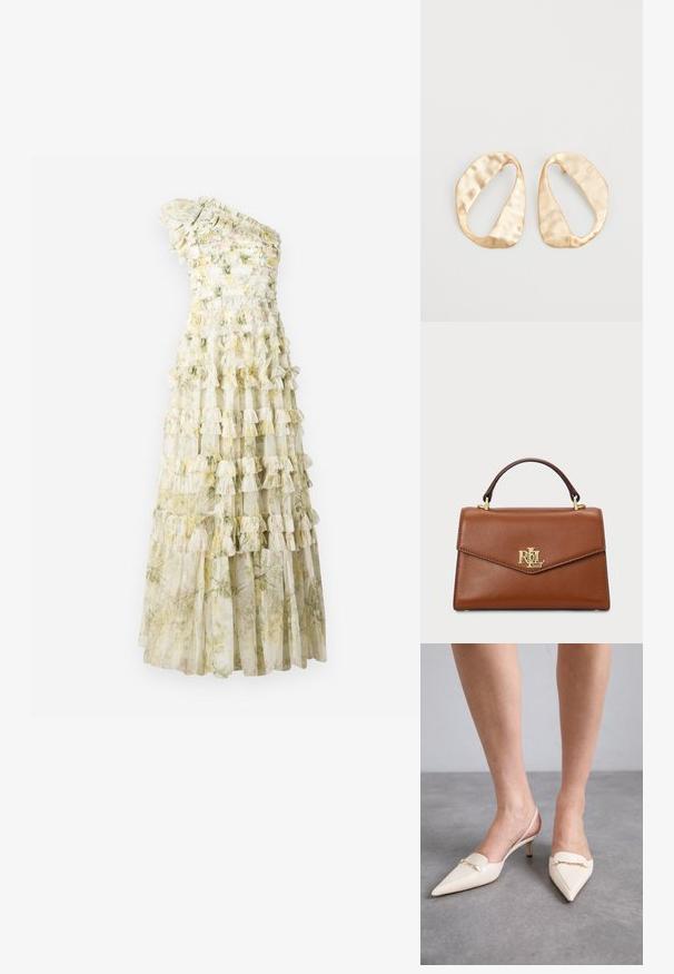 Vienos petnešos suknelė su sluoksniuotais volanais, gėlių raštu pastelinių atspalvių, pagaminta iš permatomos medžiagos ir su prigludusia liemens dalimi. Ilgis siekia grindis.; Kremo spalvos, smailėtų pirštų slingback aukštakulniai su plonu vidutinio aukščio kulnu, kurių priekyje yra auksinė grandinė ir švelni odos tekstūra.; Ruda oda rankinė su struktūrizuotu dizainu, viršutine rankena, auksiniais akcentais ir logotipo elementu priekyje. Lygus paviršius.; Nedidelis nereguliarus ovalo formos aukso tono metalinių auskarų pora su tekstūruota, šiek tiek kalta paviršiumi ant balto fono.