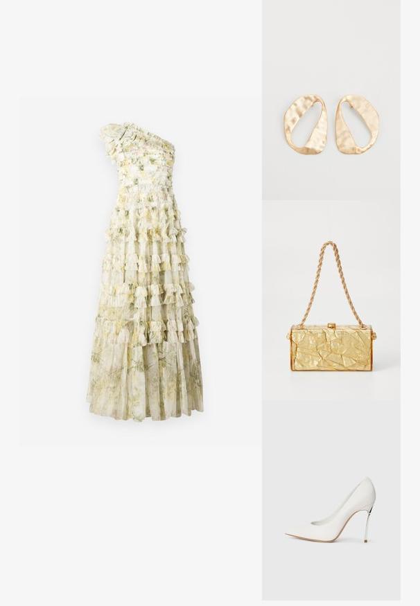 Šaty s jedným ramienkom, s vrstvami volánov, kvetinovým vzorom v pastelových odtieňoch, z priesvitnej tkaniny a priliehavou sukňou. Dĺžka dosahuje na zem.; Biele vysoké lodičky s špicatou špičkou, pokryté jemnou trblietavovou textúrou. Strieborný kovový opätok pridáva kontrast. Elegantný dizajn.; Zlatá kabelka s pokrčenou textúrou, s obdĺžnikovým tvarom, disponujúca reťazovým popruhom a zapínaním na vrchu. Hladký, lesklý povrch.; Pár nepravidelných oválnych zlatistých kovových náušníc s textúrovaným, mierne rozbitým povrchom na bielom pozadí.