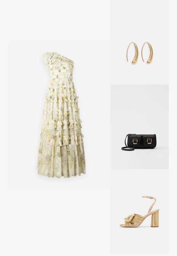 Enosna obleka na eno ramo z večplastnimi volančki, cvetličnim potiskom v pastelnih odtenkih, prosojnim materialom in облегanim korzetom. Dolžina doseže tla.; Zlate sandale s peto in vozlom spredaj, z naborki teksturo in trakcem okoli gležnja. Blok peta ima rebrast dizajn, ki izboljšuje oprijem.; Črna usnjena torbica čez ramo z dvema sprednjima žepoma, zlatimi zaponkami, zadrgo in ozkim pasom. Tekstura površine je strukturirana, obliko pa ima kompaktno pravokotno.; Zlato-tonirani kovinski uhani v obliki obroča s krivuljo in podolgovato obliko. Imajo gladko, sijočo površino in zaobljen vrh za dodaten detajl.