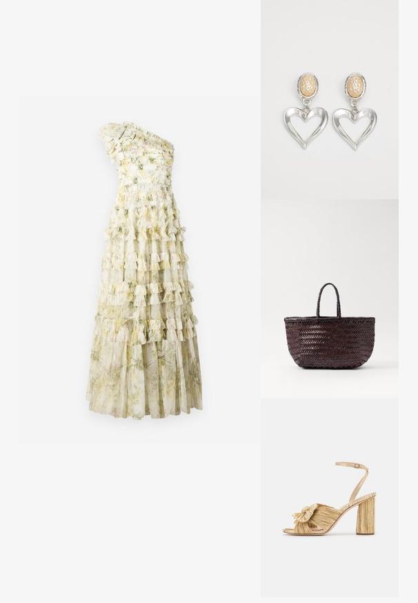 Jednoduché jedno ramenní šaty s vrstvenými volány, květinovým potiskem v pastelových odstínech, s průsvitnou tkaninou a přiléhavým korzetem. Délka dosahuje k podlaze.; Zlaté sandály na podpatku s uzlem vpředu, sklady na povrchu a páskem kolem kotníku. Blokový podpatek má žebrovaný design, který zvyšuje přilnavost.; DRAGON DIFFUSION BAMBOO TRIPLE JUMP SMALL - Kabelka - dark brown; Stříbrné náušnice ve tvaru srdce s lesklým povrchem. Každá má texturovanou béžovou oválnou kuličku. Elegantní a lehký design.