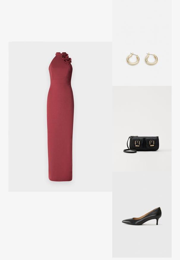 Rochie de seară roșie, fără mâneci, cu decolteu înalt și accente florale pe o umăr. Siluetă ajustată, textură netedă, design lungime ankle.; Pantofii din piele neagră au vârful ascuțit, toc mic și o textură netedă. Au o deschidere ușoară în față și un hardware minim în spate.; Geantă neagră din piele, tip crossbody, cu două buzunare frontale, catarame aurii, închidere cu fermoar și o curea subțire. Suprafață texturată și formă rectangulară compactă.; Lauren Ralph Lauren BASIC SMALL HOOP - Cercei - gold-coloured