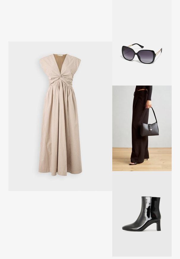 Dlouhé bezrukávové šaty v béžovo-bílém kostkovaném vzoru s plisovanou sukní, mají hluboký výstřih do V a shromážděný detail na korzetu.; Černé lakované kotníkové boty s špičatou špičkou a středně vysokým blokovým podpatkem. Hladká textura a minimalistický design.; Černé oversized sluneční brýle se gradientními skly, silnými rámy a zlatými řetízkovými detaily na nožičkách.; Černá kabelka se strukturovaným tvarem, hladkým povrchem a kovovým uzávěrem. Kombinována s širokými černými kalhotami a sandály s otevřenou špičkou na dřevěné podlaze.