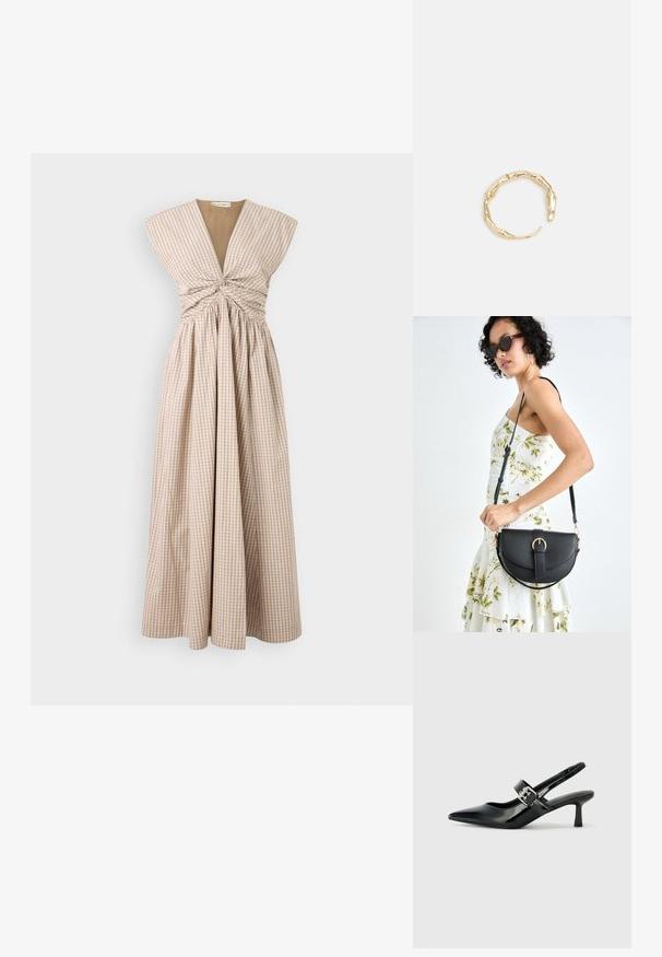 Gara, bezpiedurkņu kleita bēšā un baltā pārbaudītā rakstā ar salocītu svārku, kurai ir dziļa V veida kakla izgriezums un saplacināta krūšu daļa.; Melnas lakotas ādas sūkņa kurpes ar norādītu purngali un mazu bloku papēdi, ar sudraba sprādzi akcentā uz jostas.; Melnas ādas rokassoma ar izliekta formu, noņemamu siksnu un zelta aksesuāriem. Somai ir vāciņš ar sprādzes detaļu.; Zelta toņa gredzens ar organisku, vērptu dizainu, gludu virsmu un sašaurinātiem galiem, radot mūsdienīgu, skulpturālu izskatu.