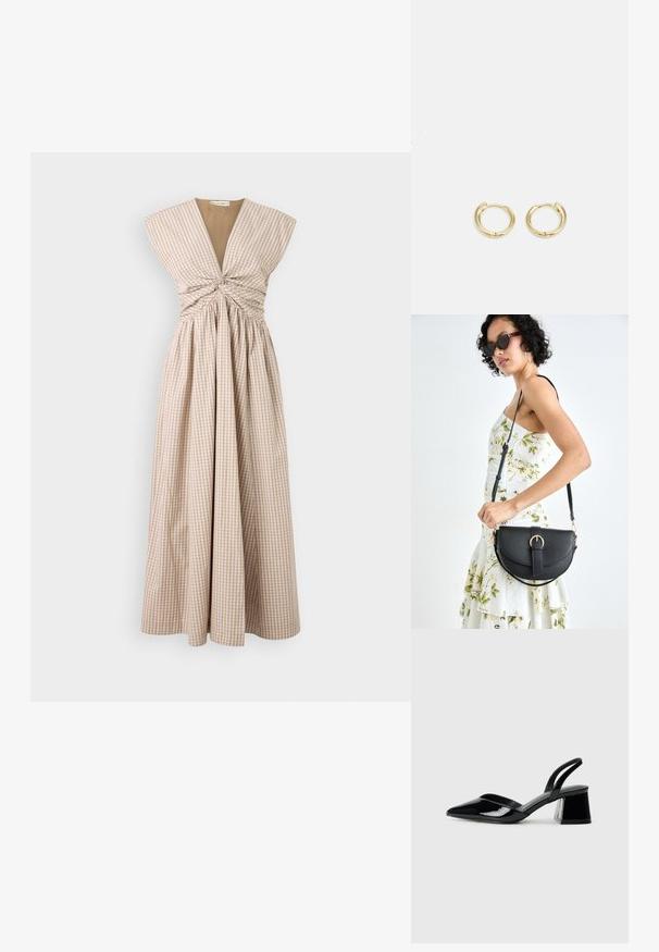 Long, sleeveless dress in beige and white gingham check with a pleated skirt, featuring a deep V-neck and gathered bodice detail.; Black patent leather slingback heels with a pointed toe and a geometric block heel. Features a sleek, minimal design and smooth texture.; Black leather handbag with a curved shape, detachable strap, and gold hardware. The bag features a flap with a buckle detail.; Gold hoop earrings with a smooth, rounded design. Features a small hinge closure, lightweight appearance, and a polished finish.