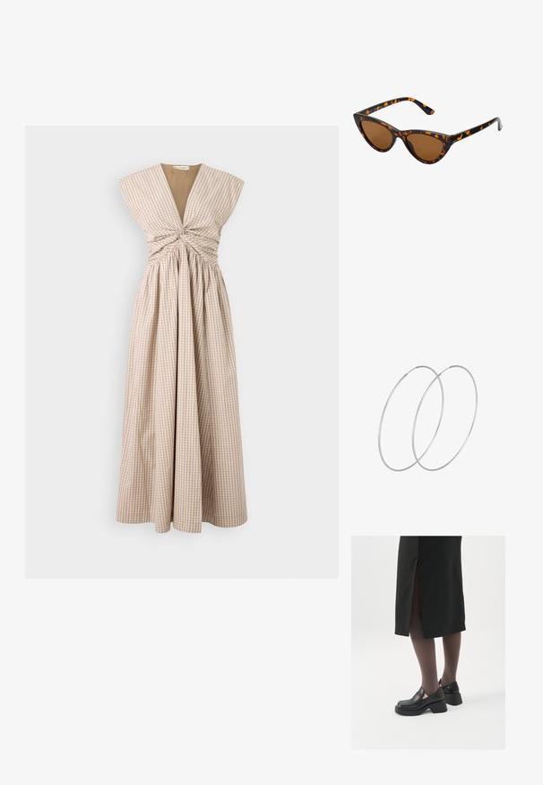 Robe longue sans manches en vichy beige et blanc avec une jupe plissée, dotée d'un décolleté en V profond et d'un détail de corsage froncé.; Chaussures noires en cuir avec un bout arrondi, un épais talon bloc et des accents latéraux élastiques, associées à des bas foncés et une jupe noire avec une fente.; Lunettes de soleil style œil de chat avec une monture en écaille de tortue noire et orange, verres marron et pointes effilées et élégantes. Présente un logo minimaliste sur la branche.; Boucles d'oreilles en argent au design minimaliste. Forme circulaire, texture lisse et profil fin. Légères avec une finition polie.