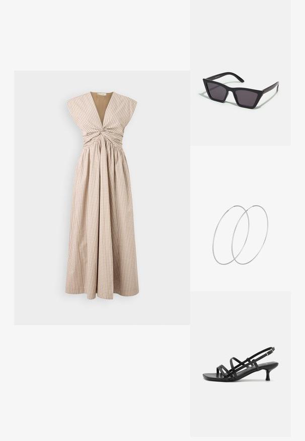 Long, sleeveless dress in beige and white gingham check with a pleated skirt, featuring a deep V-neck and gathered bodice detail.; Black heeled sandals with multiple crisscross straps. Smooth material, pointed toe, and narrow heel. Adjustable ankle strap with buckle.; Black, angular sunglasses with gray lenses; made of plastic, featuring thick arms with a smooth surface and no visible hardware.; Silver hoop earrings with a minimalist design. Circular shape, smooth texture, and thin profile. Lightweight with a polished finish.
