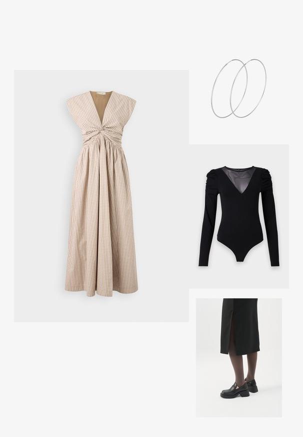 Duga, bez rukava haljina u bež i bijelom kariranom uzorku s plisiranom suknjom, koja ima duboki V-izrez i nabranu detalj oko tijela.; Crni bodysuit dugih rukava s mrežastim V-izrezom i naborima na ramenima. Glatka tkanina s prilagođenim oblikom.; Crne kožne cipele s zaobljenim vrhom, debelim blok petama i elastičnim bočnim detaljima, uparene s tamnim čarapama i crnom suknjom s prorezom.; Srebrne okrugle naušnice s minimalističkim dizajnom. Kružni oblik, glatka tekstura i tanak profil. Lagane s poliranim završetkom.