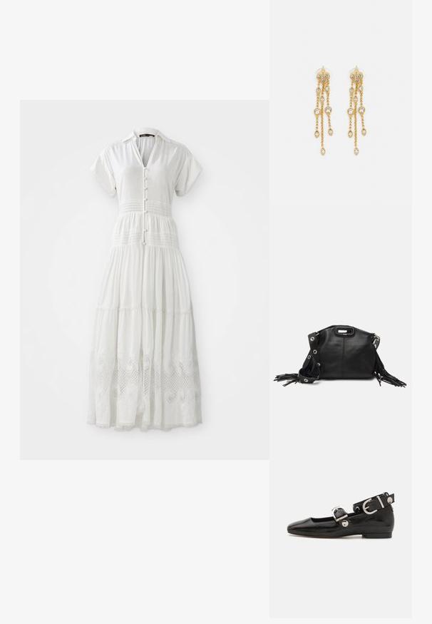 Balta maksi kleita ar īsām piedurknēm, pogu priekšpusi un smockētu jostu, ar mežģīņu apdari ap apakšu un mīkstu, strukturētu audumu.; Melnas laika patenta ādas dzīvokļu kurpes ar kvadrātu purngalu, potītes siksna ar sudraba furnitūru un platu zoli. Gluda tekstūra ar minimālu dizainu.; Maje MISS MINI - Soma ar siksnu pāri ķermenim - noir; Zelta tonī auskari ar vairākiem kaskādes ķēdēm, kas rotāti ar caurspīdīgiem ovāliem rhinestone akcentiem un dekoratīvām pīrsingiem.