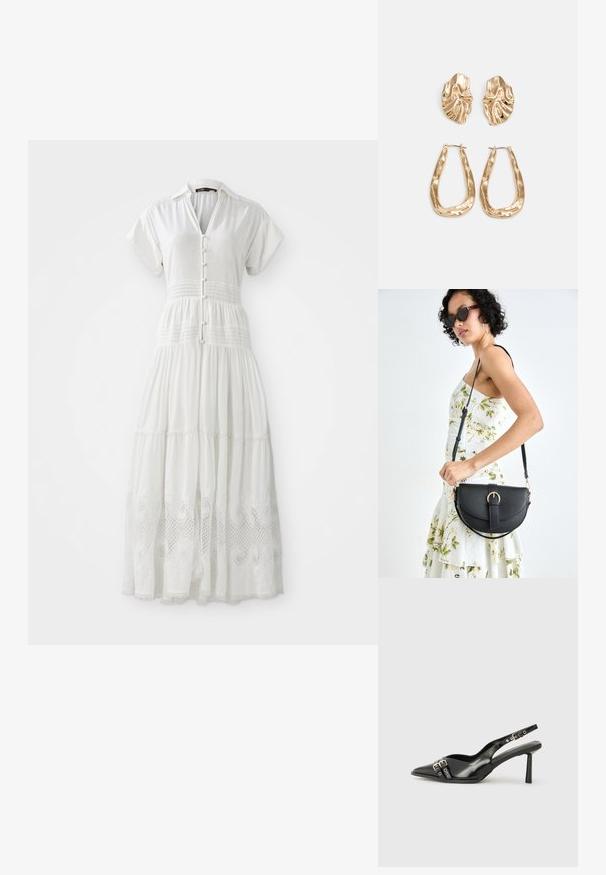 Weißes Maxikleid mit kurzen Ärmeln, Knopfleiste und gerafftem Taillenbund, mit Spitzenbesatz am Saum und aus einem weichen, strukturierten Stoff.; Schwarzer Lackleder Slingback-Schuh mit spitzem Zehenbereich, Knöchelriemen mit silbernen Schnallen und Beschlägen sowie einem schlanken Absatz.; Schwarze Lederhandtasche mit geschwungener Form, abnehmbarem Tragegurt und goldenen Beschlägen. Die Tasche verfügt über einen Deckel mit einer Schnallen-Details.; Ohrringe in Goldoptik mit strukturierten, gewellten Formen. Beinhaltet skulpturale Clip-Ohrringe und ein offenes Hoop-Design mit gehämmertem Finish.