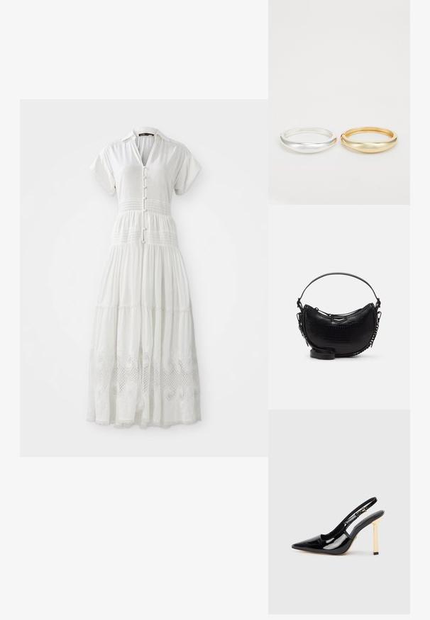 Robe maxi blanche à manches courtes, boutonnière à l'avant et taille smockée, avec un dégradé de dentelle en bas et un tissu doux et texturé.; Chaussure à talon haut en cuir verni noir, à bout pointu et avec un accent de talon carré doré. Comprend une bride ajustable à la cheville.; Sac à main noir en simili crocodile avec une forme incurvée, une bandoulière amovible et un accent métallique épuré à l'avant.; Zign 2 PACK - Bracelet - gold-coloured/silver-coloured