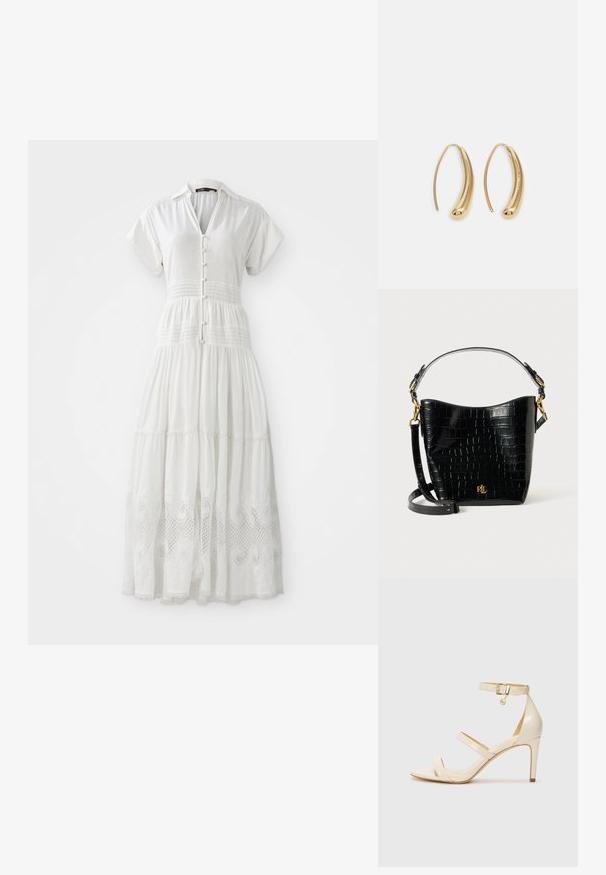 Robe maxi blanche à manches courtes, boutonnière à l'avant et taille smockée, avec un dégradé de dentelle en bas et un tissu doux et texturé.; Sandales à talons beiges avec une fine bride de cheville et deux brides supérieures. Fini verni brillant et détails en métal doré sur la bride de cheville.; Sac en cuir noir à motif crocodile, de forme courbée, avec des accents en métal doré, une bandoulière ajustable et un détail de logo à l'avant.; Boucles d'oreilles en métal doré en forme d'anneau, avec une forme courbée et allongée. Elles présentent une surface lisse et brillante avec une pointe arrondie pour un détail supplémentaire.