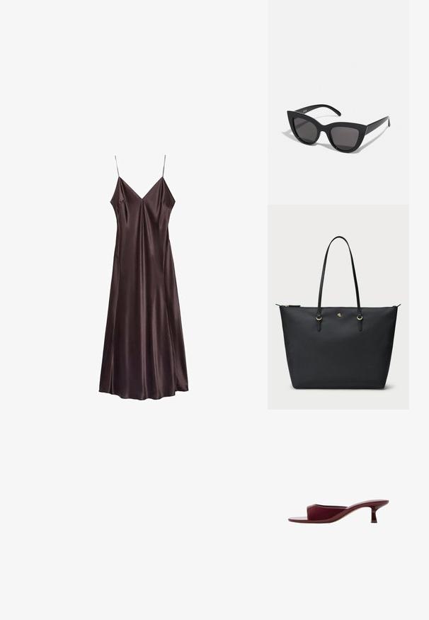 Chokoladebrun slipkjole lavet af satin med V-hals, tynde stropper og en svævende kant, der falder midt på læggen. Glat tekstur og minimalistisk design.; M bordeaux åben tå slide sandal med en glat finish, en lav kitten hæl og et minimalistisk design med en blød, buet form.; Sorte cat-eye solbriller med mat finish, der har grå tonede linser, skarpe vinkler og slanke sidearme. Mærkenavnet er synligt på den indre arm.; Sort totebag med en struktureret overflade, lynlåslukning og to læderhåndtag. Har guldhardware og et diskret logo på forsiden.