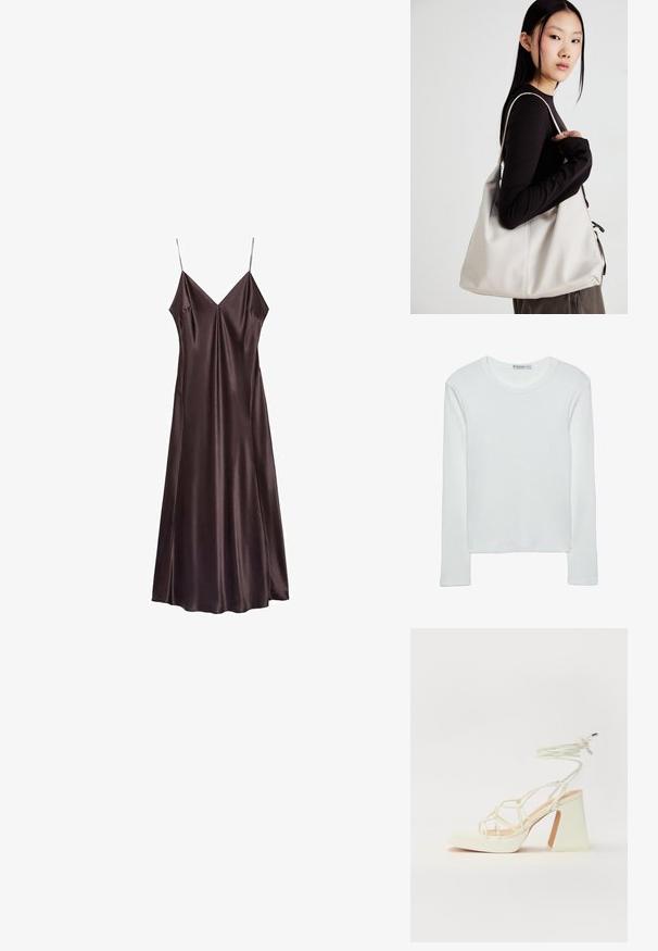 Chokoladebrun slipkjole lavet af satin med V-hals, tynde stropper og en svævende kant, der falder midt på læggen. Glat tekstur og minimalistisk design.; Hvid langærmet t-shirt lavet af ribbet stof med rund halsudskæring og lige skæring i kanten. Enkel, ensfarvet design.; Hvide højhælede sandaler med en kraftig hæl, der har et stropdesign og ankelbinding. Glat tekstur med en platform foran for ekstra højde.; Beige håndtaske lavet af blødt materiale med et slouchy design, stikninger og to skulderremme. Velegnet til daglig brug.