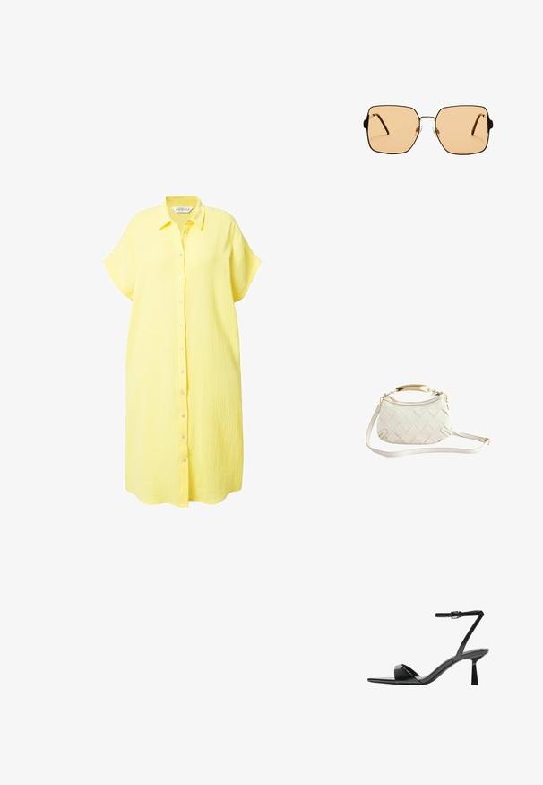 Żółta sukienka z guzikami, wykonana z teksturowanej tkaniny, z krótkimi rękawami, kołnierzykiem i luźnym krojem z prostym dołem.; Bershka - Sandały na obcasie; Kwadratowe okulary przeciwsłoneczne z brązowymi soczewkami i cienką, czarną metalową oprawą. Posiadają skośne zauszniki i regulowane noski dla większego komfortu.; Biała, pleciona skórzana torebka z metalowym uchwytem w kolorze złotym, odpinanym paskiem na ramię i zaokrągloną podstawą. Posiada zamek błyskawiczny na górze.