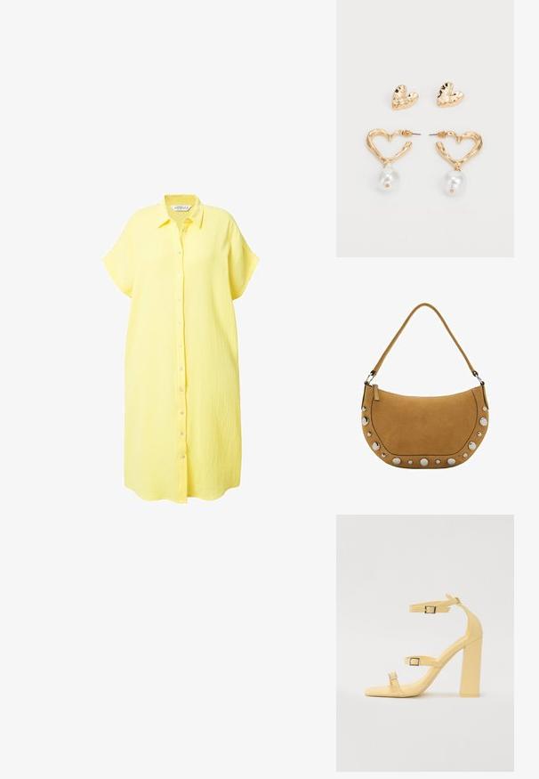 Gul skjortekjole lavet af tekstureret stof, med korte ærmer, krave og en løs pasform med en lige kant.; Gule blokhælede sandaler med tre justerbare remme, firkantet tådesign, glat syntetisk materiale og sølvfarvede spænder.; Suedes, halvmåneformet håndtaske i tan, med en toplynlås, lang skulderrem og metalliske nitter langs bunden.; Guldtonede hjerteformede øreringe med en tekstureret overflade, prydet med en hængende perleaccent. Inkluderer matchende hjerteformede studs.