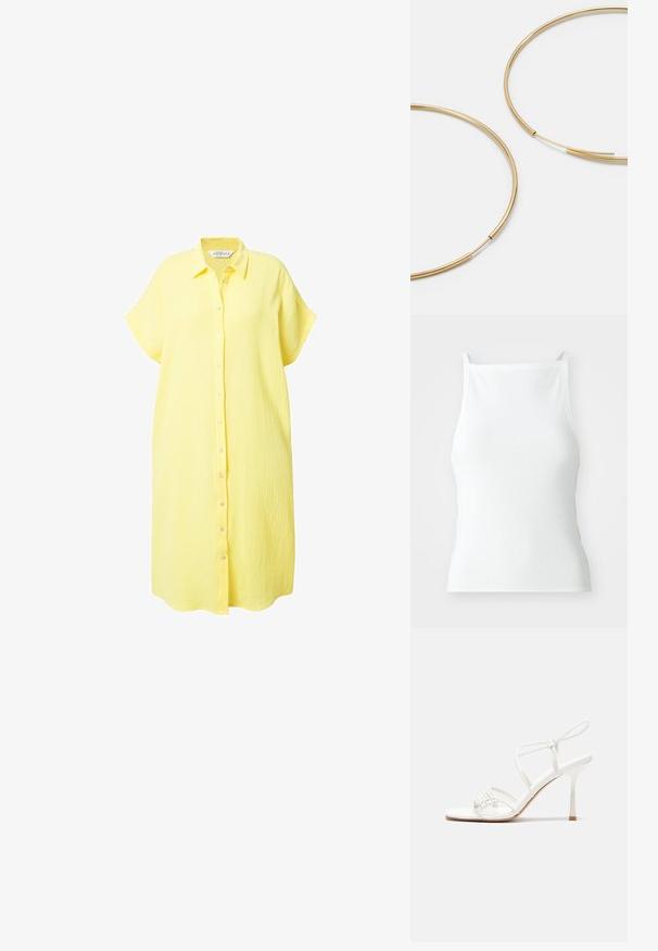 Vestito giallo con bottoni, realizzato in un tessuto testurizzato, dotato di maniche corte, colletto e una vestibilità ampia con orlo dritto.; Canottiera bianca a costine con spalline sottili, caratterizzata da un design aderente e una texture liscia. Il tessuto sembra elastico e leggermente strutturato.; Sandalo alto con tacco bianco a strisce, con una base piatta per le dita, un frontale testurizzato con dettagli arricciati e una sottile cinghia alla caviglia.; Orecchini a cerchio color oro, sottili e rotondi, con una finitura metallica liscia e senza decorazioni o motivi.