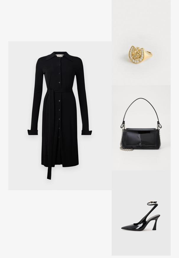 Crna haljina dugih rukava od glatke tkanine, s kopčanjem sprijeda, ovratnikom i pojasom u struku. Rukavi sa dugmadi i do koljena dugačak rub.; Crne lakirane slingback cipele s visokom potpeticom, u obliku špice, s podesivim remenom oko gležnja i umjerenom blok-potpeticom. Glatka tekstura s sjajnim završetkom.; Crna patentna kožna torba pravokutnog oblika, s lancem za nošenje i karakterističnim metalnim detaljem u središtu. Glatka tekstura.; Zlatni prsten s dizajnom krune unutar potkove, ukrašen malim prozirnim draguljima, na bijeloj pozadini.