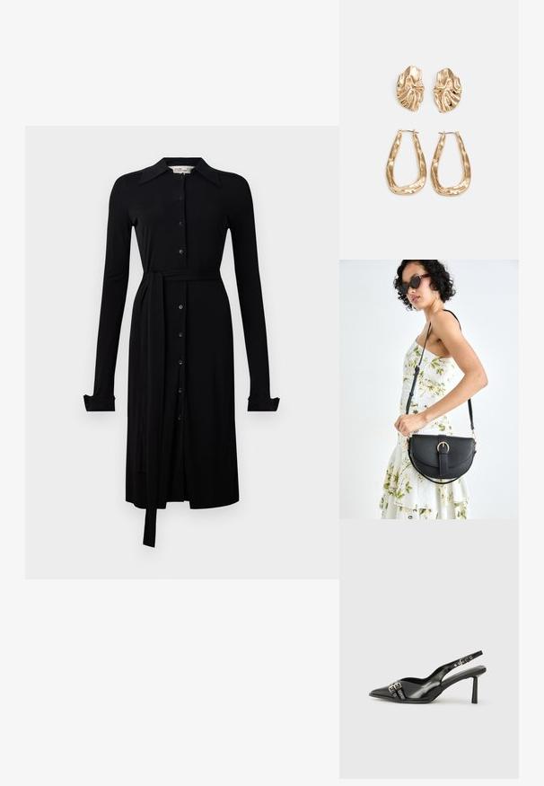 Juoda ilga rankovė suknelė iš lygaus audinio, su mygtukų užsegimu priekyje, apykakle ir juosmens raiščiu. Mygtukais užsegami rankogaliai ir iki kelių siekiantis sijonas.; Juodas lakuotas odinis batelis su smailiu pirštu, kulkšnies dirželiais su sidabrinėmis sagtimis ir detalėmis, bei plonu kulnu.; Juodas odinis krepšys su išlenkta forma, nuimamu dirželiu ir auksiniais detalėmis. Krepšys turi kilpą su sagtimi.; Auksinės auskarai, turintys tekstūruotus, bangų formos elementus. Įeina skulptūriniai segami auskarai ir atviri lankai su išmuštu paviršiumi.