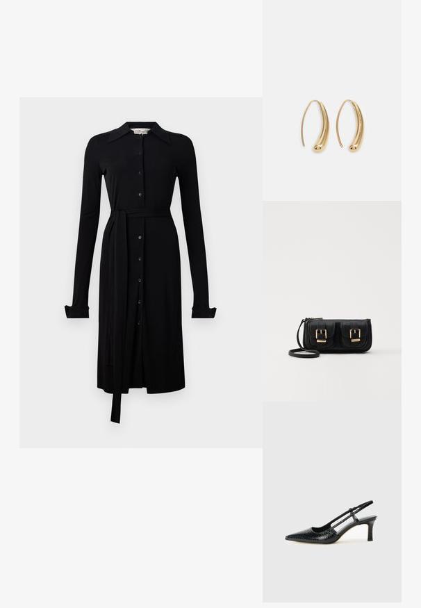 Melnā garām piedurknēm kleita, izgatavota no gludas auduma, ar pogu aizdari priekšpusē, apkakli un jostu jostas vietā. Pogām aizpogājamas piedurknes un ceļa garuma apakšmalu.; Melna patent āda ar slīdošo papēdi un smailo purngalu, ar teksturētu čūsku drukājumu, regulējamu siksniņu un īsu teksturētu blokpapēdi.; Melnas ādas crossbody soma ar divām priekšējām kabatām, zelta sprādzēm, ar rāvējslēdzēju aizdari un šauru siksnu. Strukturēta virsma un kompakta taisnstūra forma.; Zelta toņu metāla gredzena auskari ar izliektu, pagarinātu formu. Ar gludu, spīdīgu virsma un noapaļotu galu papildu detaļām.