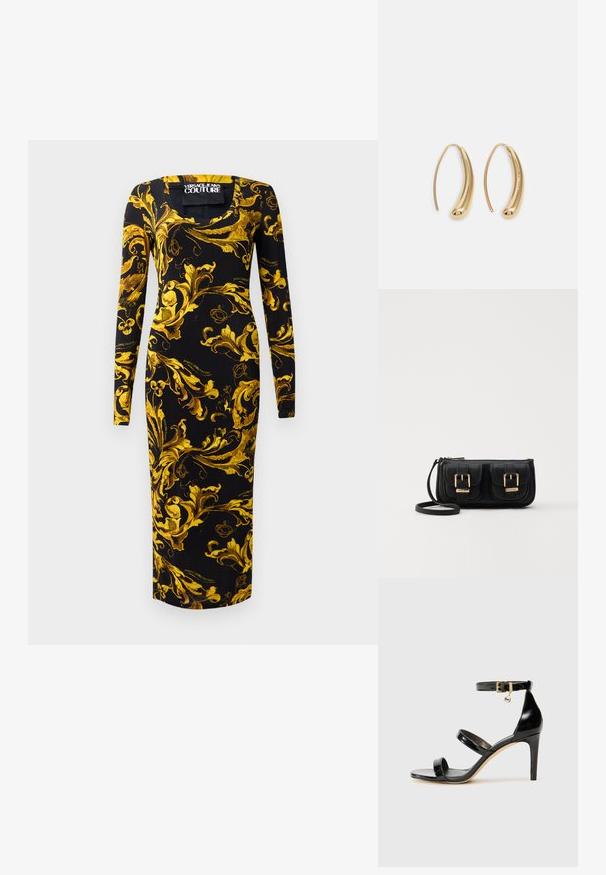 Mustad pika varrukaga kleit, millel on liibuv siluett, kullakarva lillemustrid ja ruudukujuline kaelus, valmistatud siledast kangast.; Must musta nahk sandaal kolme rihmaga, pahkluu vööga ja 4-tollise stilettakontsaga. Omab kuldset detaili ja logovõtit.; Must küllastamata nahast õlakott, millel on kaks esist nähtavat taskut, kuldsed pandlad, tõmblukuga sulgemine ja peen rihm. Tekstuuriga pind ja kompaktne ristkülikukujuline kuju.; Kuldtoonilised metallist rõngas kõrvarõngad, millel on kõver ja piklik kuju. Omavad siledat, läikivat pinda ja ümarat tipptugevdust, mis lisab detaili.