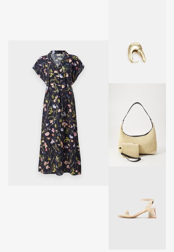 Sötét háttérrel rendelkező, rövid ujjú, tengerészkék virágmintás maxi ruha, derékban övvel, pink, zöld és kék színekben pompázó színes virágmintákkal.; Arany színű fémtalpú szandál sarokkal, éles szögletű blokk sarkal, két pánttal a lábfej fölött és állítható boka pánttal. Simaság jellemzi.; Fonott szalmakézi táska ívelt sziluettel, sima fekete bőrszíjjal és egy hozzá illő, csuklószíjjal rögzített kis tasakkal.; Aranyszínű fém fülbevaló, elegáns, ívelt formával. Különleges hegyes alak, fényes felszín és zsanéros záródás jellemzi.