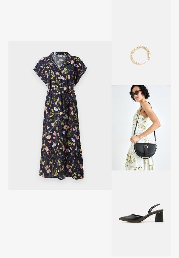 Abito maxi floreale blu navy con maniche corte, cintura in vita e motivi floreali colorati in rosa, verde e blu su sfondo scuro.; Scarpa slingback nera con punta affusolata realizzata in pelle liscia, dotata di tacco basso e cinturini sottili sul retro per una vestibilità sicura.; Borsa a tracolla nera in pelle con una forma curva, manico rimovibile e accessori dorati. La borsa presenta una patta con un dettaglio a fibbia.; Anello in tono oro con un design organico e Twisted, caratterizzato da una superficie liscia e punte affusolate, che crea un aspetto moderno e scultoreo.
