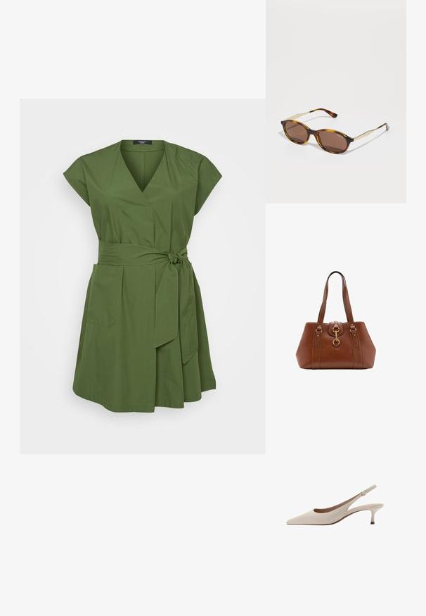 Zelena haljina s kratkim rukavima, V-izrezom, prednjim remenom za vezivanje, bočnim džepovima i laganom teksturiranom tkaninom.; Bež sandale s potpeticom, s uskim vrhom i niskom, proširenom potpeticom. Izrađene od glatke kože s minimalističkim dizajnom i podesivim remenom.; Tortoiseshell sunčane naočale s okruglim tamnosmešnim lećama. Imaju zlatne akcentne detalje na stablima i sjajnu završnu obradu. Ime brenda vidljivo je na okviru.; Smeđi kožni ručni torbica s dvostrukim trakama, okruglog oblika, zlatnim hardverom i središnjim detaljem kopče. Glatka tekstura s ušivenim detaljima.