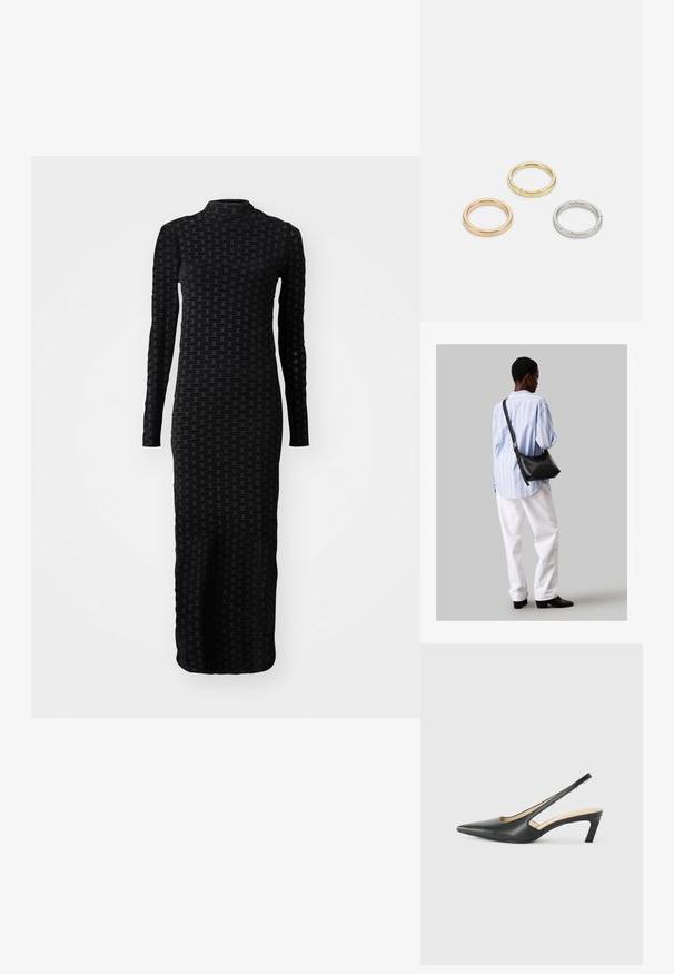 Fekete, hosszú ujjú ruha, amely texturált mintázattal és ismétlődő márkázással rendelkezik. A dizájn testhez simuló, állógalléros és földig érő sziluettel rendelkezik.; Fekete, hegyes orrú, slingback cipő alacsony sarkával, sima bőrből készült, oldalt kivágott deisgnal a légáteresztőképesség érdekében.; Fekete bőr válltáska puha tapintással, háromszög alakú, állítható pánttal, világoskék csíkos inggel és fehér nadrággal párosítva.; Három fémgyűrű: az egyik rose gold, a másik texturált akcentusokkal ellátott arany, a harmadik pedig ezüst, mindegyiken gravírozott márkajelzés található a belső sávon.