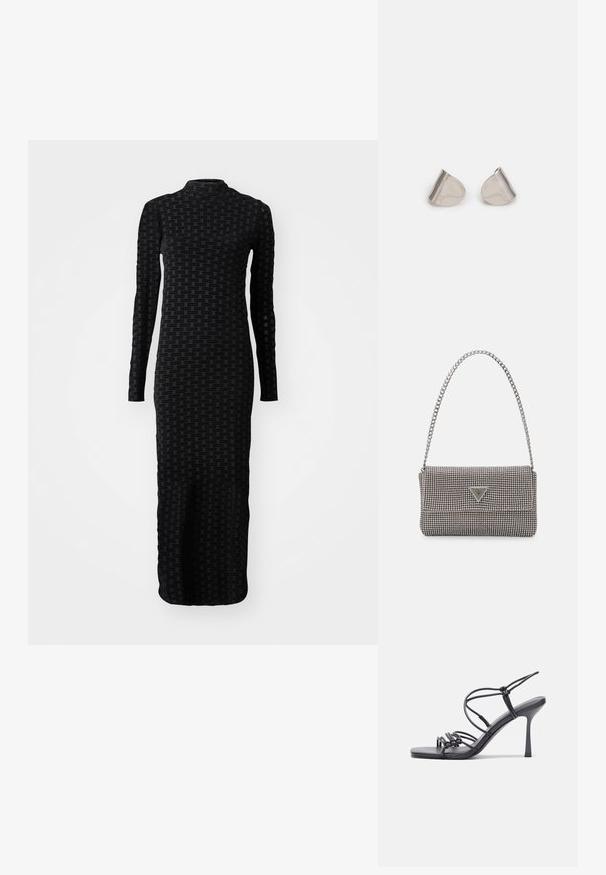 Mustapituinen pitkähiha dressi, jossa on teksturoitu kuvio toistuvalla brändäyksellä. Suunnittelu on vartalonmyötäinen, ja siinä on korkea kaulus sekä lattiaan ulottuva siluetti.; Mustat korkokengät sandaalit, joissa on ohuet hihnat solmittuna, sileä neliön muotoinen varvasosa ja tyylikäs stiletto-korko.; Vaalea harmaa metallinen käsilaukku, jossa on ketjusanka. Laukku on koristeltu pienillä pyöreillä metallikoruilla ja kolmion muotoisella brändilogolla.; Hopea metalliset korvakorut, joissa on sileä, pisaramainen muoto ja kiillotettu pinta. Huomaamattomat kaiverrukset lisäävät yksityiskohtia. Minimalistinen muotoilu.