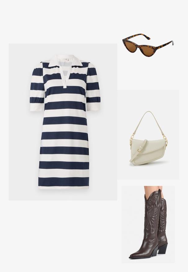 Csíkos ruha, amely kék és fehér vízszintes csíkokkal rendelkezik, klasszikus polo gallérral, rövid puffujjakkal és V-alakú nyakkivágással. Puha pamut anyag.; Barna bőr cowboy csizmák hegyes orral és blokk sarkal, részletes varrással és kiemelkedő díszítésekkel a szárán.; Cica szemüveg fekete és narancssárga teknőc pánttal, barna lencsékkel és sima, hegyes végekkel. A templomán egy minimalista logó található.; Kis krémszínű táska texturált felülettel, hosszú, állítható pánttal, láncos díszítéssel és fedéllel záródik. Aranyszínű fém részletek.