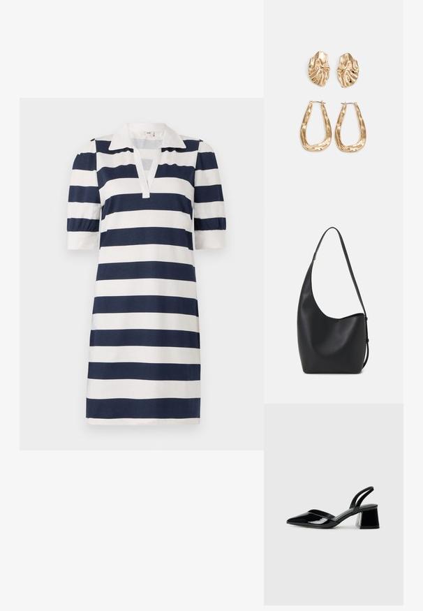Ριγέ φόρεμα με ναυτικό και λευκούς οριζόντιους ρίγες, κλασικό γιακά πόλο, κοντά φουσκωτά μανίκια και V λαιμόκοψη. Μαλακό βαμβακερό ύφασμα.; Μαύρα πατεντέ δερμάτινα γοβάκια slingback με μυτερή μύτη και γεωμετρικό τακούνι. Έχουν κομψό, μινιμαλιστικό σχέδιο και λεία υφή.; Μαύρη δερμάτινη tote τσάντα με λείο υφή, καμπύλο σχήμα και μία ρυθμιζόμενη ζώνη. Διαθέτει μεγάλη άνοιγμα στην κορυφή.; Χρυσά σκουλαρίκια με υφή, κυματιστά σχήματα. Περιλαμβάνουν γλυπτικά κλιπ-σε σκουλαρίκια και σχέδιο ανοιχτού σκουλαρικιού με σφυρήλατη επιφάνεια.
