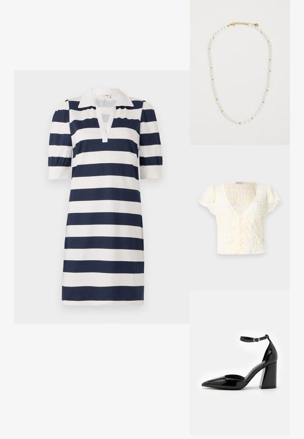 Raidallinen mekko, jossa on tummansinisiä ja valkoisia vaakasuoria raitoja, klassinen polo-kaulus, lyhyet puffihihat ja v-aukko. Pehmeää puuvillakankasta.; Kermavärinen lyhythihainen toppi, jossa on smocked-tekstuuri, V-kaula-aukko ja painonappi. Kevyt kangas ja hillityt puffihihat.; Musta lakattu korkeakotoinen kenkä, jossa on teräväkärkinen muotoilu, nilkkaremmi ja leveä lohkare korko vakauden takaamiseksi. Kenkässä on sileä kiiltävä pinta.; Helminauha, jossa on vuorottelevia valkoisia soikeita helmiä ja pieniä kultasiemeniä, kultasulkimeen kiinnitettävä. Yleisvaikutelma on sileä.