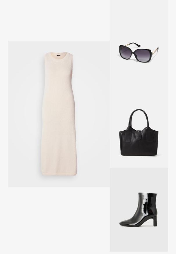 Vestido longo sem mangas em bege claro, com uma superfície texturizada e decote redondo, caindo reto até a barra.; Botim de tornozelo em pele sintética preta com bico apontado e salto bloco de altura média. Textura suave e design minimalista.; Óculos de sol oversized pretos com lentes degradê, armações grossas e detalhes em corrente dourada nas hastes.; Bolsa tote de couro preta com textura suave, forma estruturada, duas alças e um destaque prateado proeminente na parte da frente.