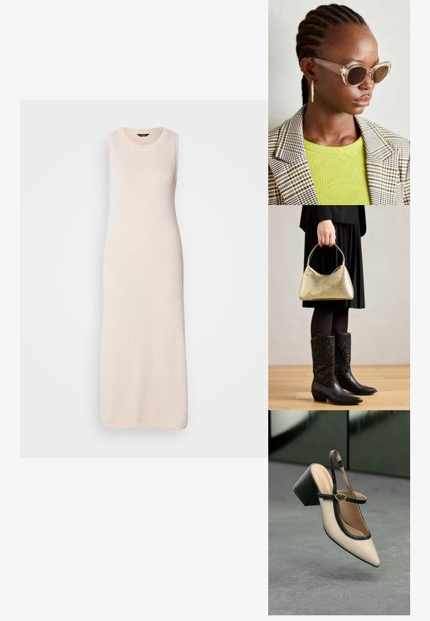 Rochie maxi fără mâneci tricotată, de culoare bej deschis, având o suprafață texturată și un gât rotund, căzând drept până la tiv.; Pantof divers în nuanță bej, cu vârf ascuțit, curea de susținere în spate, cu margine neagră, cataramă aurie și toc gros pe un podea gri, cu un fundal verde închis.; Ochelari de soare stil cat-eye, cu lentile maro și rame transparente. Model purtând un top verde cu textură ribbed și un sacou în carouri. Cercei rotunzi din aur.; Geantă texturată aurie cu o formă curbată și mânere scurte, ținută de o persoană care poartă o fustă plisată neagră și cizme cowboy negre din piele.