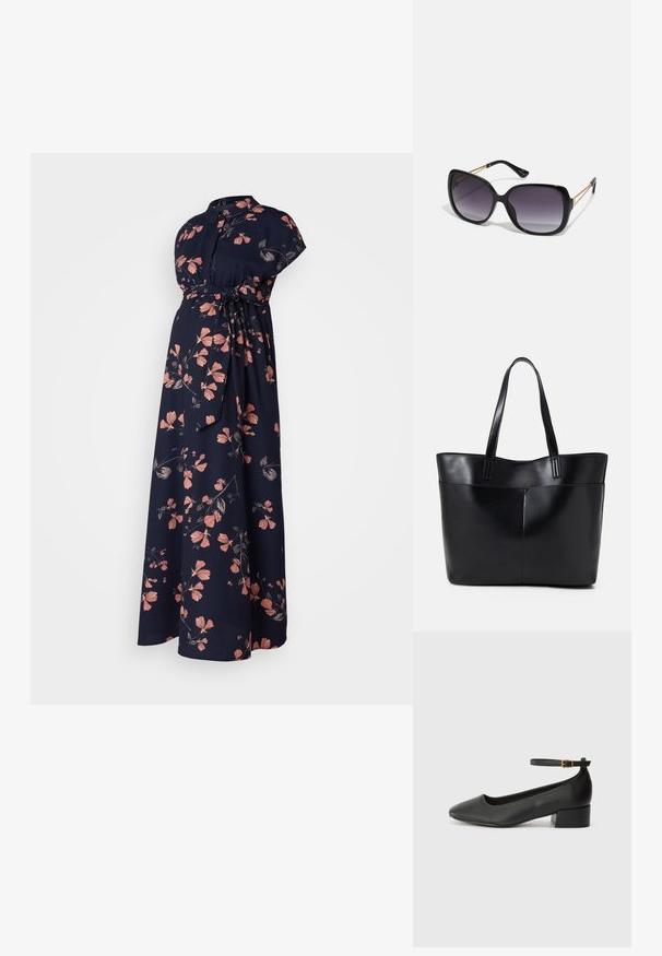 Φλοράλ μητρότητας φόρεμα σε ναυτικό ύφασμα, με κοντά μανίκια, ψηλό λαιμό και ζώνη με κορδόνι. Διακοσμημένο με ροζ και σκούρο πράσινο λουλούδια.; Μαύρο δερμάτινο τακούνι με μυτερή μύτη και χαμηλό τετράγωνο τακούνι. Διαθέτει λουράκι στον αστράγαλο με χρυσό τόνο πόρπη. Λείο υφή.; Μαύρα υπερμεγέθη γυαλιά ηλίου με κλειστή βαθμίδα φακού, παχιά σκελέτη και λεπτομέρειες από χρυσή αλυσίδα στις βραχίονες του σκελετού.; Μαύρη δερμάτινη τσάντα tote με δύο μακριούς ιμάντες, λεία υφή και δομημένο σχήμα. Διαθέτει μπροστινή τσέπη για επιπλέον αποθήκευση.