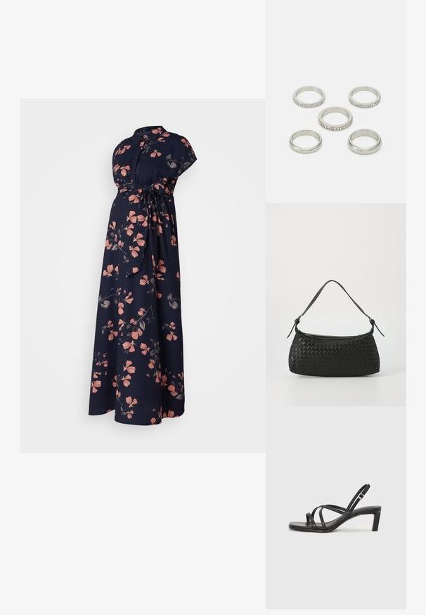 Cvečni nosečniški videz v temno modri tkanini, z kratkimi rokavi, visokim ovratnikom in pasom za zavezo. Okrašen z rožnatimi in temno zelenimi cvetovi.; Črne natikače s trakovi in kvadratnim prstom ter nizkim blokastim peto. Imajo več tankih trakov in nastavljiv trak okoli gležnja. Narejene so iz gladkega usnja.; Črna tkana torba za ramo s gladkim usnjenim trakom in zadrgo. Ima teksturirano površino in ukrivljeno obliko.; Nabor petih srebrnih prstanov v različnih oblikah, vključno z enim, ki ima vrstico prozornih kamenčkov. Gladka in odsevna kovinska površina.