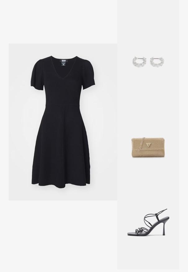 DKNY FIT AND FLARE FLUTTER - Strickkleid - black; Schwarze, hochhackige Sandalen mit dünnen Riemen und einem geknoteten Design, einer glatten, rechteckigen Zehenpartie und einem eleganten Stiletto-Absatz.; Goldene Handtasche mit einem aufwändigen Perlenmuster, dreieckigem Logo-Accessoire und einer metallischen Kettenriemen. Rechteckige Form, elegantes Design.; Silberne Creolen mit klaren, rechteckigen und dreieckigen Kristallen, die in einem gemusterten Design angeordnet sind. Sicherer Halt durch Stecker.