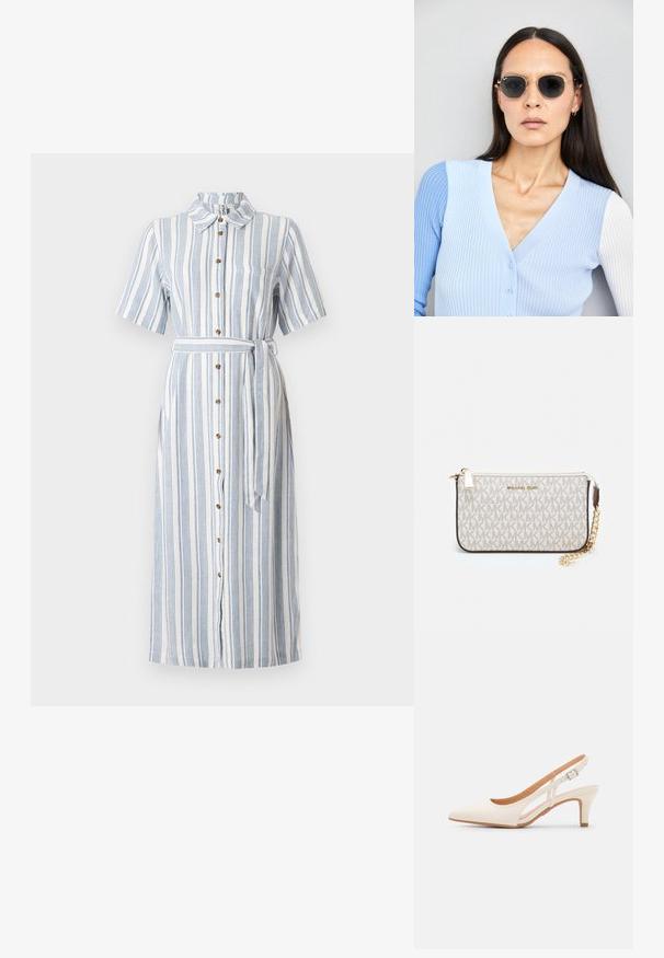 Pasiasta sukienka z guzikami w kolorze białym i niebieskim, z kołnierzykiem, krótkimi rękawami, paskiem w talii oraz kieszonką na piersi. Posiada drewniane guziki i długie wykończenie.; Biała szpilka slingback z ostrym noskiem, gładkim materiałem wierzchnim, niskim obcasem blokowym oraz wycięciami po bokach i regulowanym paskiem z klamrą.; Okrągłe okulary przeciwsłoneczne z ciemnymi soczewkami i złotymi ramkami. Modelka nosi jasnoniebieski kardigan w prążki z guzikami i białymi rękawami w kontrastowym kolorze.; Portfel na nadgarstek marki Michael Kors w beżowej, pokrytej płótnem, z powtarzającym się wzorem logo MK, złotym okuciem i odpinanym łańcuszkowym paskiem.