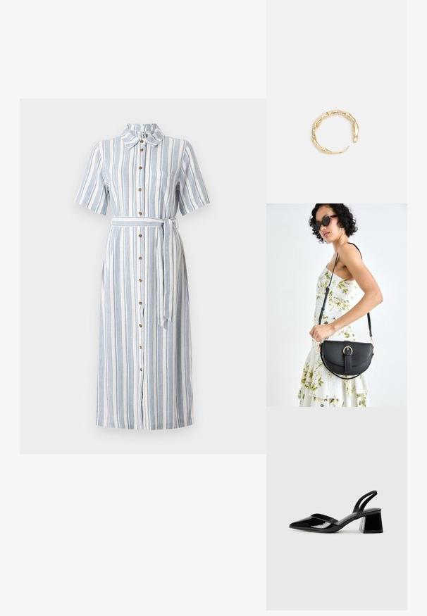 Črtasta srajčna obleka v beli in modri barvi, z ovratnikom, kratkimi rokavi, pasom in žepe na prsih. Ima lesene gumbe in dolg rob.; Črne lakirane slingback pete s koničastim nosom in geometrijsko blokasto peto. Imajo eleganten, minimalističen dizajn in gladko teksturo.; Črna usnjena torbica s ukrivljeno obliko, z odstranljivo naramnico in zlatimi dodatki. Torbica ima pokrov s podrobnostmi v obliki zaponke.; Zlati prstan s organskim, zvitim dizajnom, gladko površino in taperiranimi konci, ki ustvarja modernega, skulpturalnega videza.