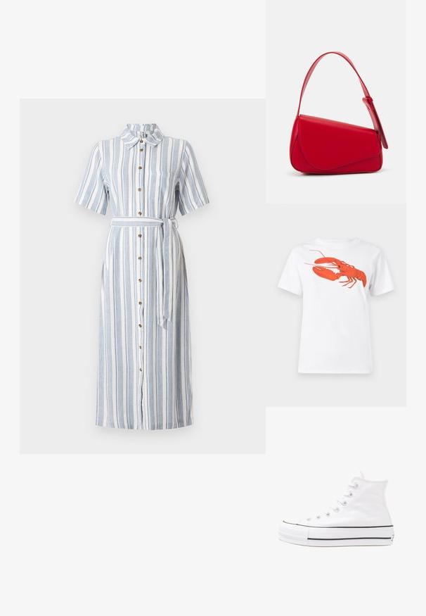 Vestido de botão listrado em branco e azul, com colarinho, mangas curtas, um cinto na cintura e um bolso no peito. Apresenta botões de madeira e uma bainha longa.; Camiseta de algodão branca com um grande gráfico de lagosta vermelha brilhante na frente. Mangas curtas e design de gola redonda padrão.; Sapatilha alta de tela branca com sola de borracha preta, bico de borracha na frente e seis ilhós para os atacadores, apresentando um design limpo e minimalista.; Bolsa de mão em couro vermelho com um design angular e geométrico. Apresenta uma única alça ajustável e um fecho com aba, com detalhes cosidos.