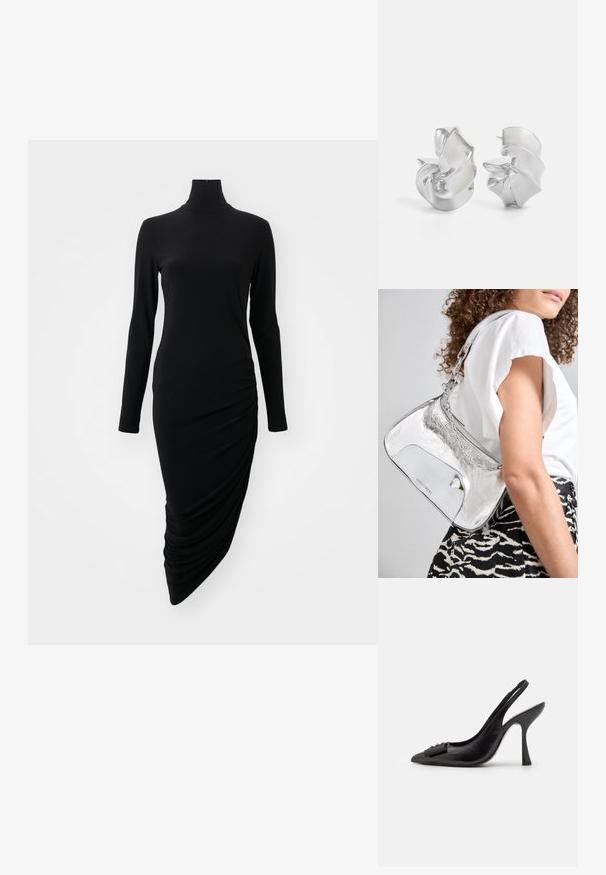 Rochie neagră cu mâneci lungi și decolteu înalt, având un design pliat pe o parte, realizată dintr-un material neted și elastic.; Pantofii slingback din piele neagră, cu vârf ascuțit, toc subțire și un accent decorativ sub formă de fundiță. Textură netedă și design elegant.; Geantă de umăr metalică argintie, cu o textură netedă, design curbat, curea din lanț și un panou frontal lustruit, având o gravură subtilă a logo-ului.; Cercei din argint cu un design fluid, spiralat. Textură netedă cu o finisare lustruită. Prezintă un aspect subtire, strălucitor și fără embellishments vizibile.