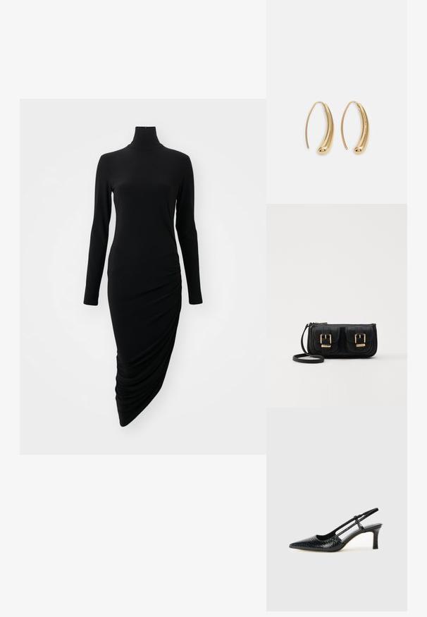 Svart långärmad klänning med hög halsringning, som har en draperad design på ena sidan, tillverkad av ett mjukt, elastiskt material.; Svart lackskin slingback-häl med spetsig tå, med texturerad ormskinnsprint, justerbar rem och en kort, texturerad blockklack.; Svart läderaxelväska med två framfickor, guldspännen, dragkedjestängning och en smal rem. Texturerad yta och kompakt rektangulär form.; Guldtonade metallörhängen i en kurvad, avlång form. Har en slät, glänsande yta och en rundad spets för en extra detalj.