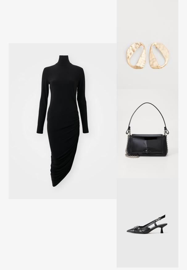 Juoda ilga rankovė su aukštu kaklu, su raukšlėtu dizainu vienoje pusėje, pagaminta iš glotnaus, tampraus audinio.; Juodas odinis slingback tipo batai su smailiu priekiniu atvartu, dekoratyvinėmis sagtimis su metaliniais akyčiais ir žemu blokiniu kulnu. Saldus paviršius.; Juodas lakinės odos rankinės ilgis stačiakampis, su grandinėlės dirželiu ir išskirtiniu metaliniu akcentu centre. Lygus paviršius.; Nedidelis nereguliarus ovalo formos aukso tono metalinių auskarų pora su tekstūruota, šiek tiek kalta paviršiumi ant balto fono.