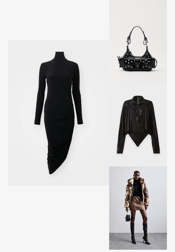 Juoda ilga rankovė su aukštu kaklu, su raukšlėtu dizainu vienoje pusėje, pagaminta iš glotnaus, tampraus audinio.; Juodas bodžiukas su ilgomis rankovėmis, V formos iškirpte ir prigludusia siluetu. Pagamintas iš blizgaus, lygaus audinio su struktūrizuotu apykakle ir rankogaliais.; Pūkuotas džemperis su rudos ir juodos spalvų raštu, derinamas su rudą gyvatės rašto mini sijonu, juodais ilgaauliais batais iki kelių ir mažyte juoda rankine.; Juodas odinis rankinukas su kreiviu dizainu, su sidabro spalvos knopkėmis, užsegimu ir dviem šoninėmis kišenėmis. Reguliuojama dirželis nešimui.